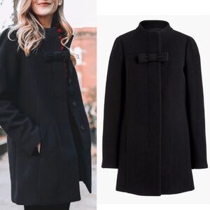 J. Crew Black Wool Blend Pea Coat with Bow Detail